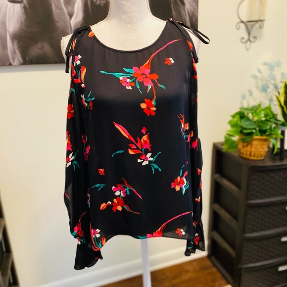 JOIE women’s 100% silk long split sleeve dark floral pullover blouse Sz L multi - Picture 3 of 7